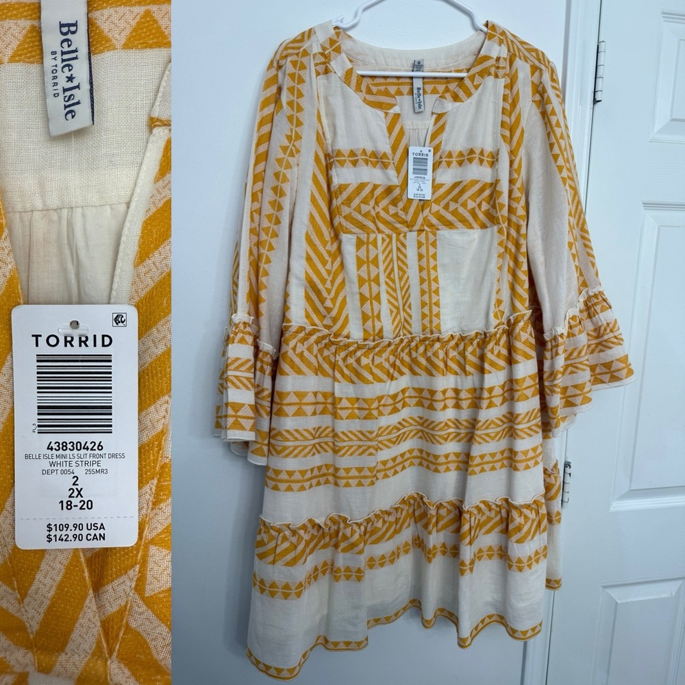 Torrid Mustard and Cream Patterned Long Sleeve Dress